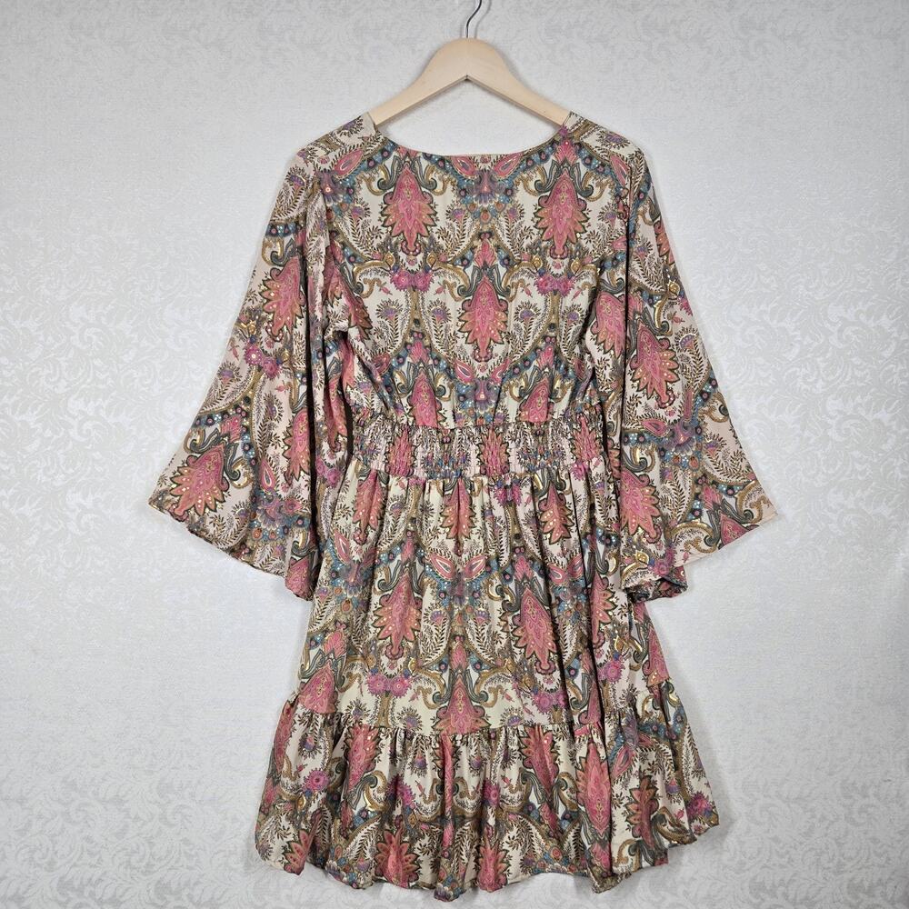 Paani Dress L Pink Paisley Smocked Bell Sleeve Boho Glam Ruffle - Picture 7 of 13